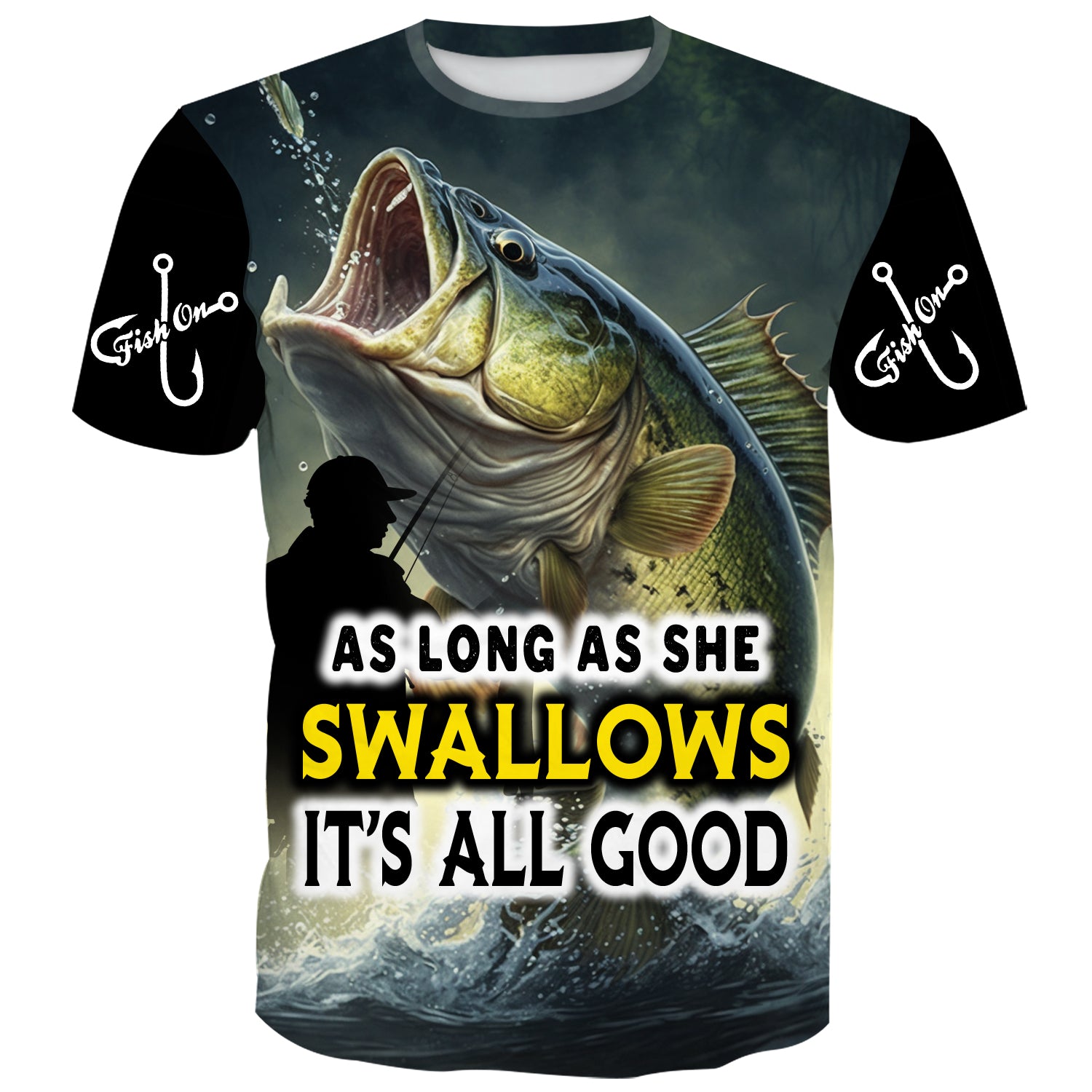As long as she swallows, it's all good. Funny fishing tee with image of a fish with vibrant colors on all over print.