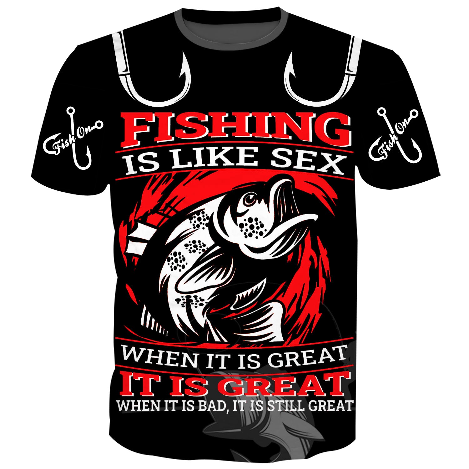 Fishing t-shirt with text "FISHING IS LIKE SEX WHEN IT IS GREAT IT IS GREAT WHEN IT IS BAD IT IS STILL GREAT" and a largemouth bass.