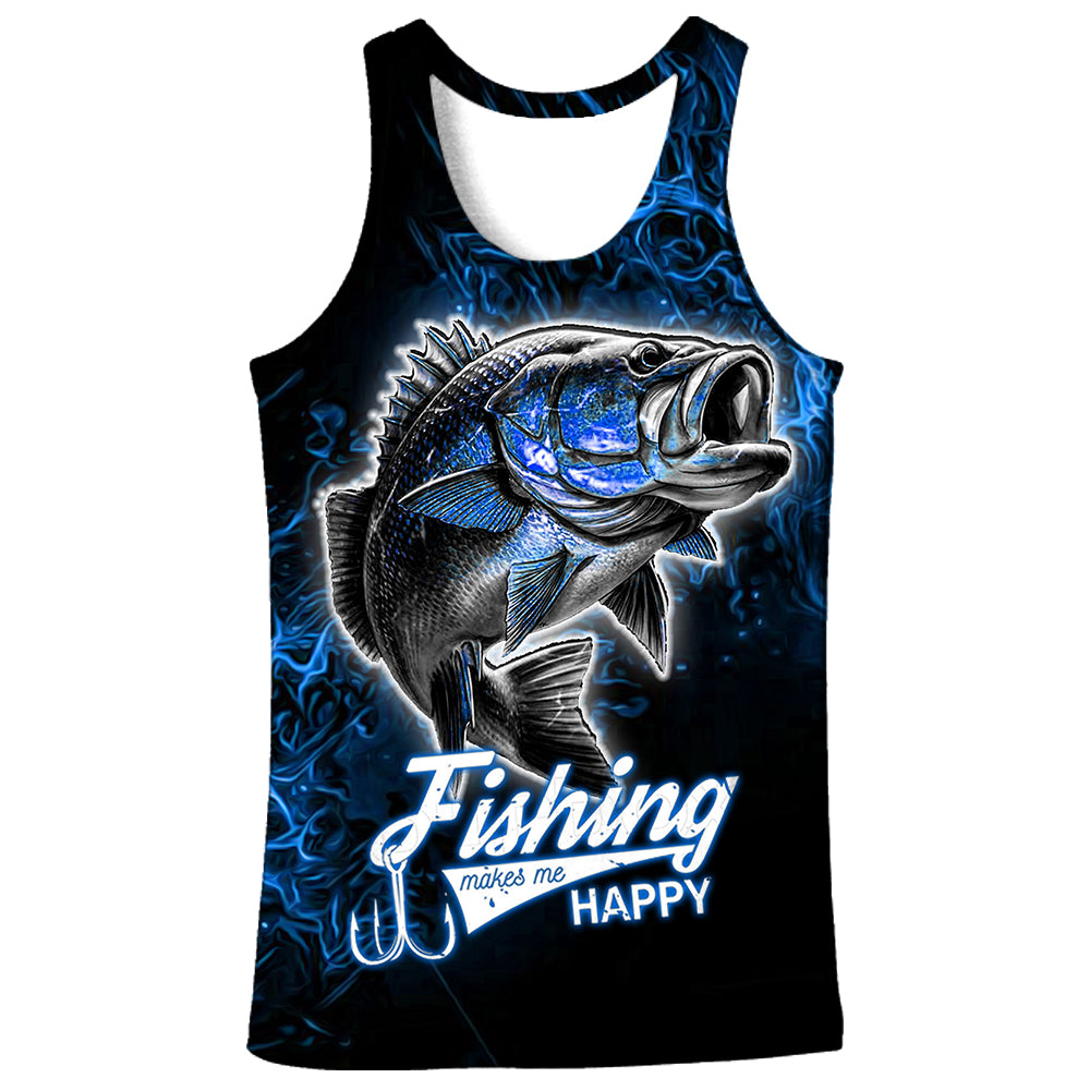 A blue fishing tank top with a smiling fish and the text “Fishing makes me happy” on it.