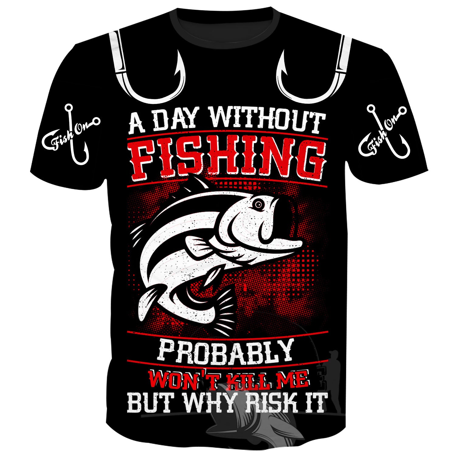 A close-up of a vibrant fish  amidst the humorous text on the funny fishing t-shirt.