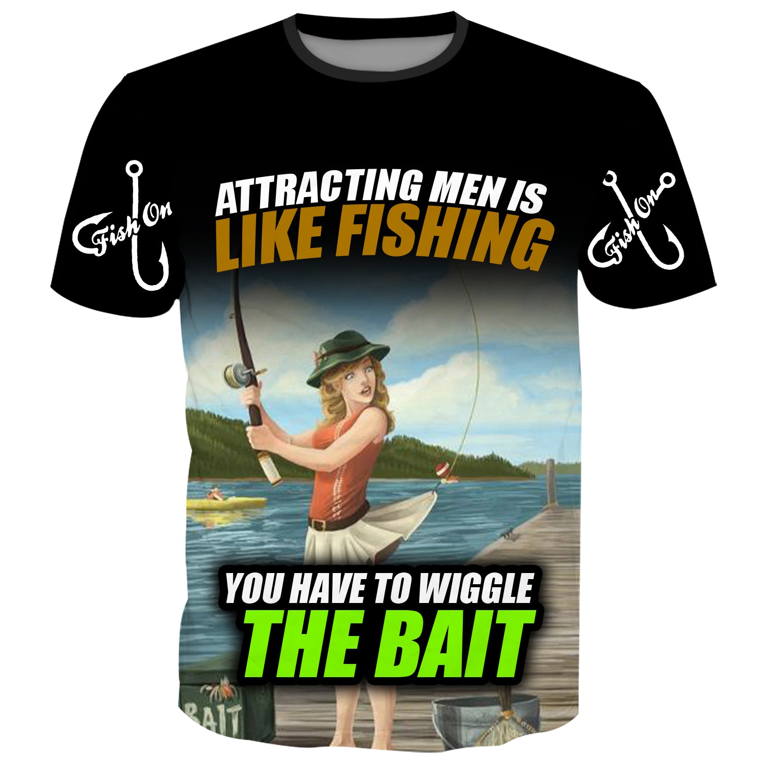 Humorous fishing t-shirt featuring a woman fishing on a dock with the text 'Attracting Men is Like Fishing, You Have to Wiggle the Bait.' Vintage-style design.