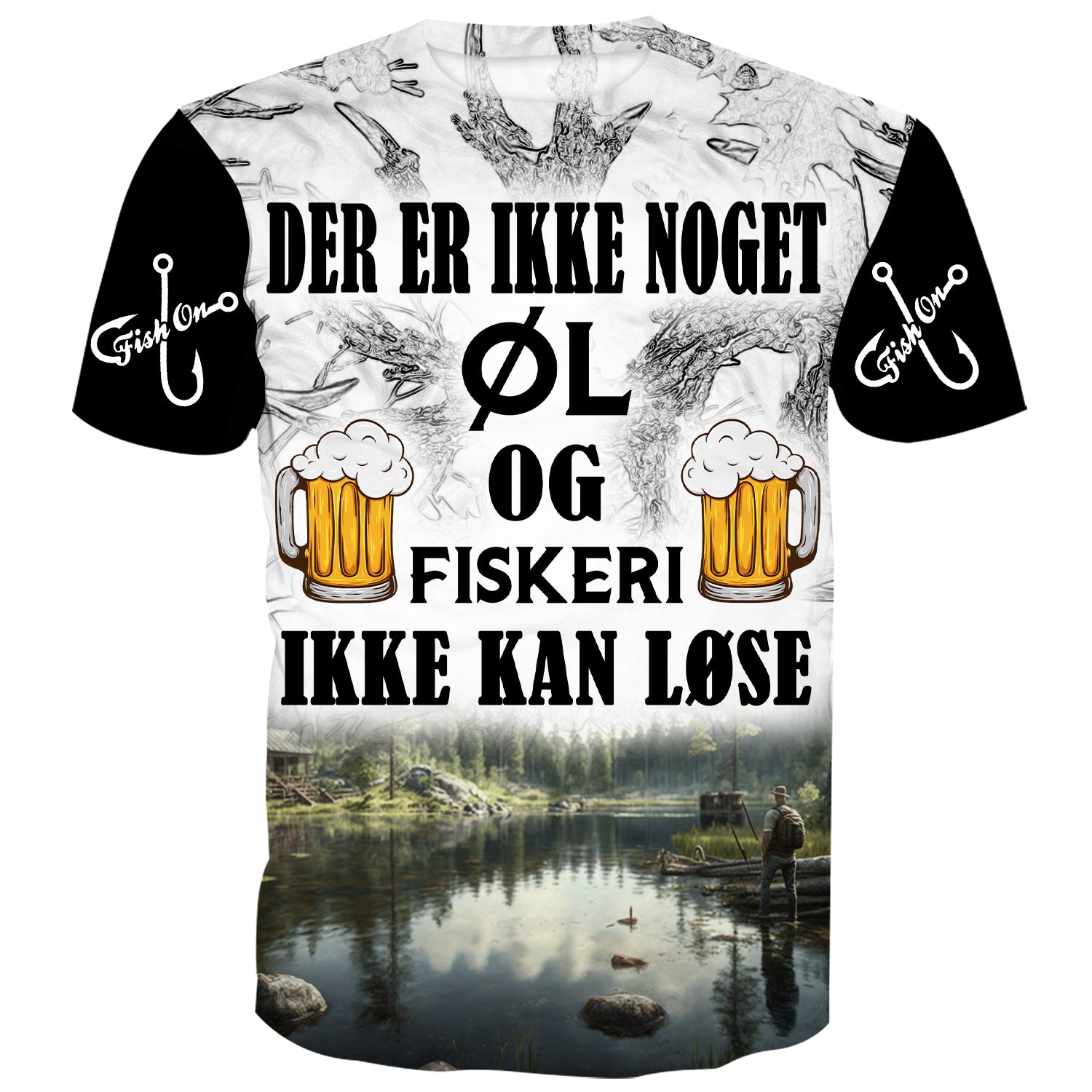 Sort t-shirt med tekst og grafik. Teksten lyder "Der er ikke noget øl og fiskeri ikke kan fixe". Grafikken viser en fisk, en fiskestang og en ølflaske. Baggrundsfarven er hvid.