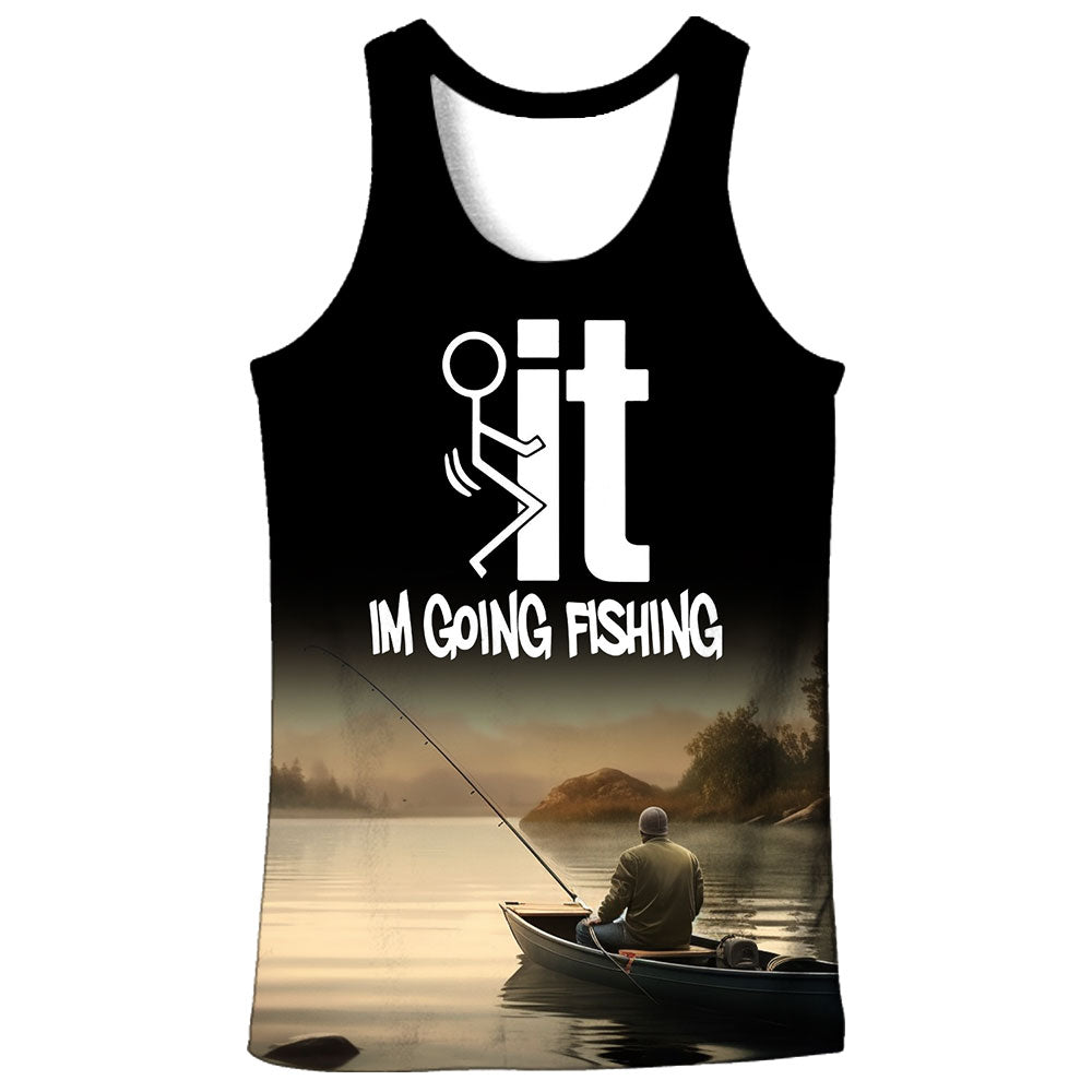 Tank top with a picture of a man sitting on a boat with fishing rod with text I'm going fishing