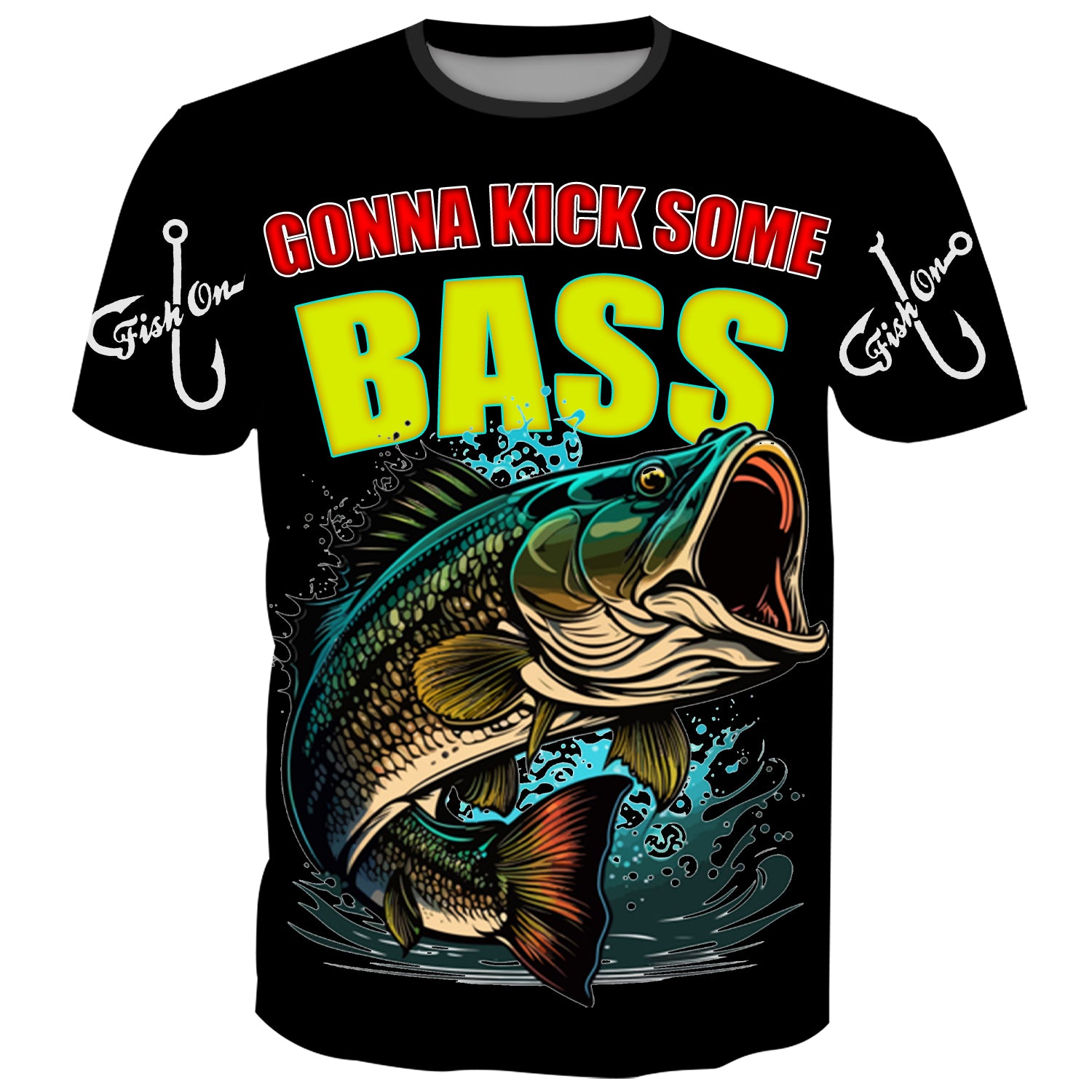 Bold fishing t-shirt featuring a large bass fish jumping out of the water with the text 'Gonna Kick Some Bass' and 'Fish On' hook graphics on the sleeves.