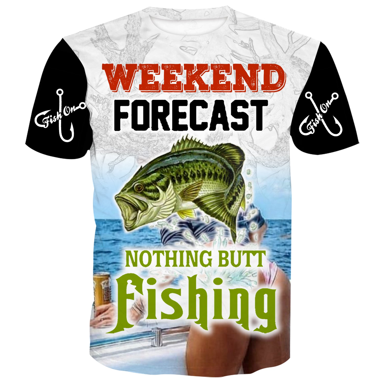 A fishing t-shirt that has a picture of a bass and a girl, and the text “Weekend forecast: nothing butt fishing”: Funny bass fishing shirt with a clever pun