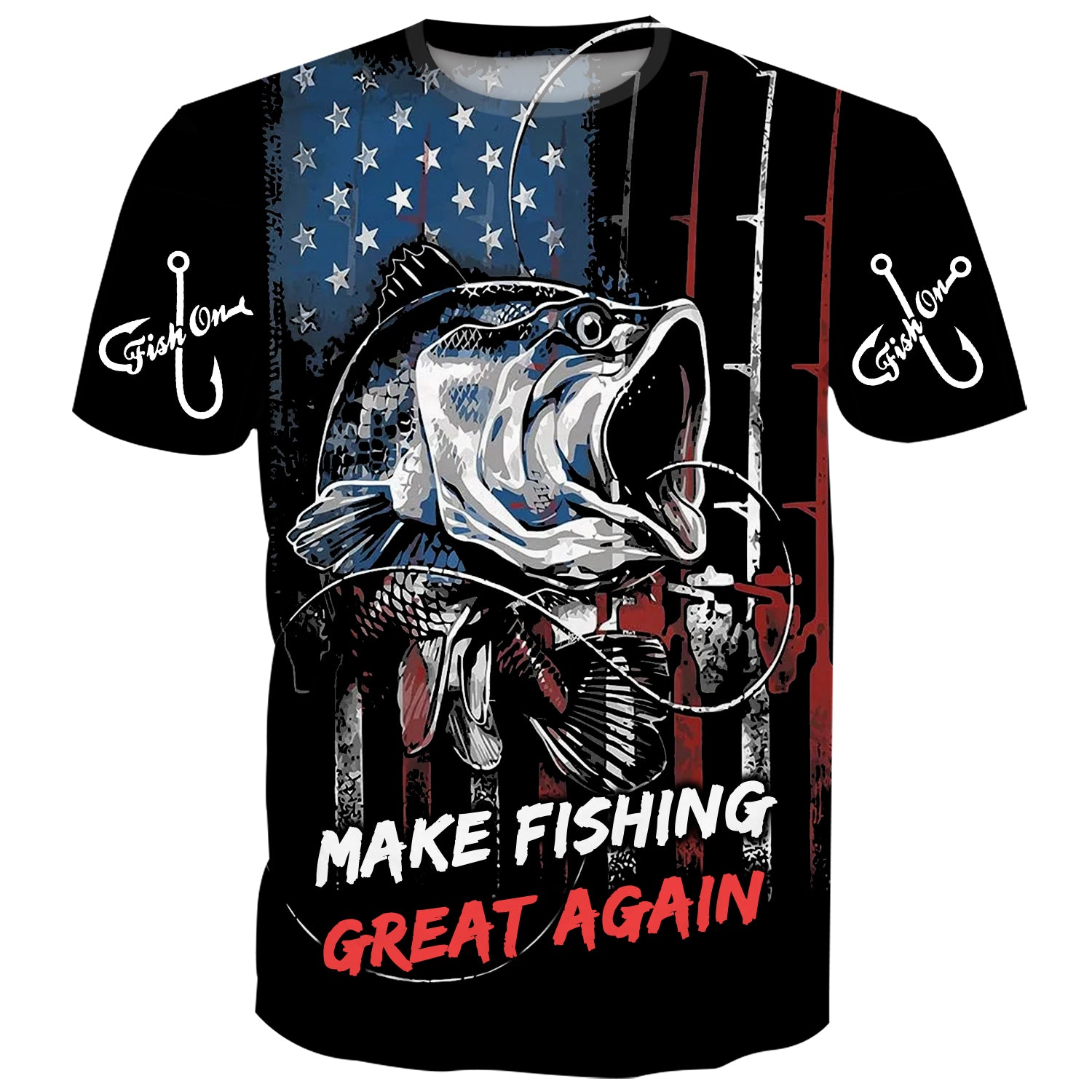 Patriotic fishing t-shirt featuring a large bass fish with an American flag in the background and the text 'Make Fishing Great Again