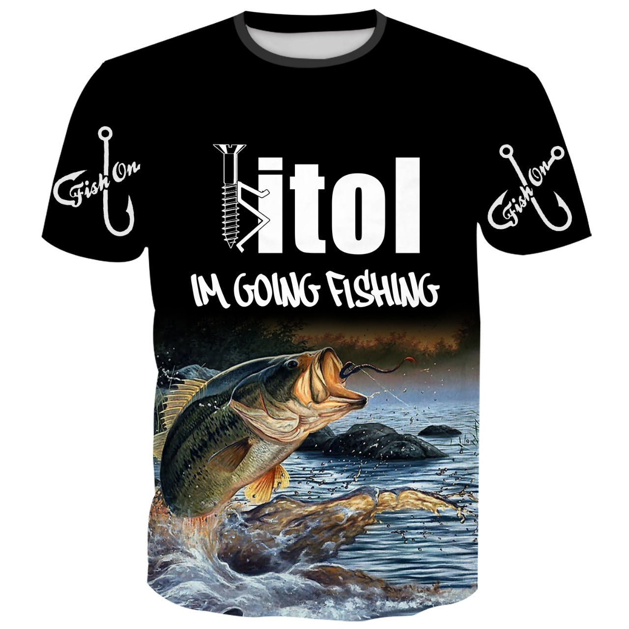 Tshirt with image of Bass fish jumping out of water and text Screw it! I am going fishing