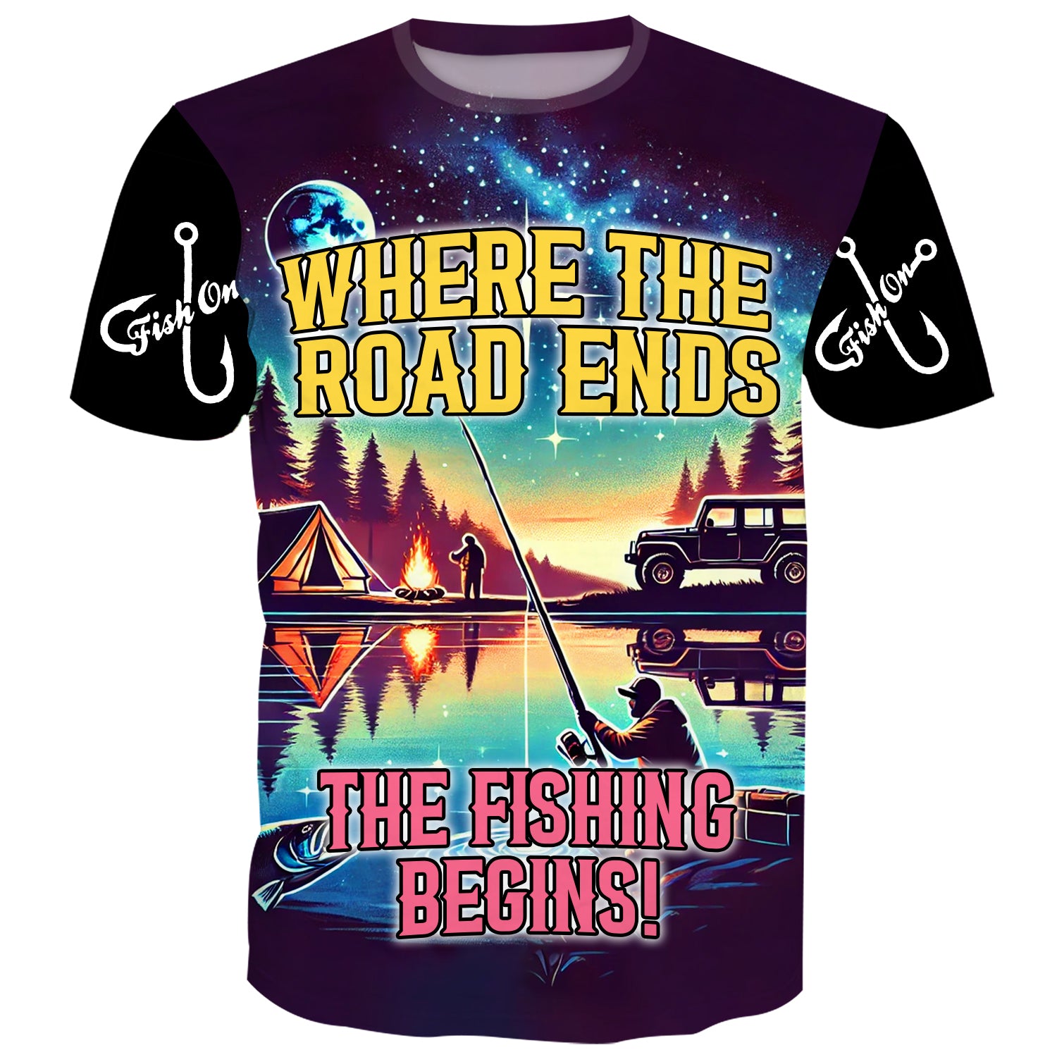 Jeep and fishing-themed t-shirt featuring a vibrant night scene with a campfire, tent, Jeep, and a person fishing by a calm lake. The text reads 'Where the Road Ends, The Fishing Begins,' perfect for outdoor adventurers, Jeep enthusiasts, and fishing fans