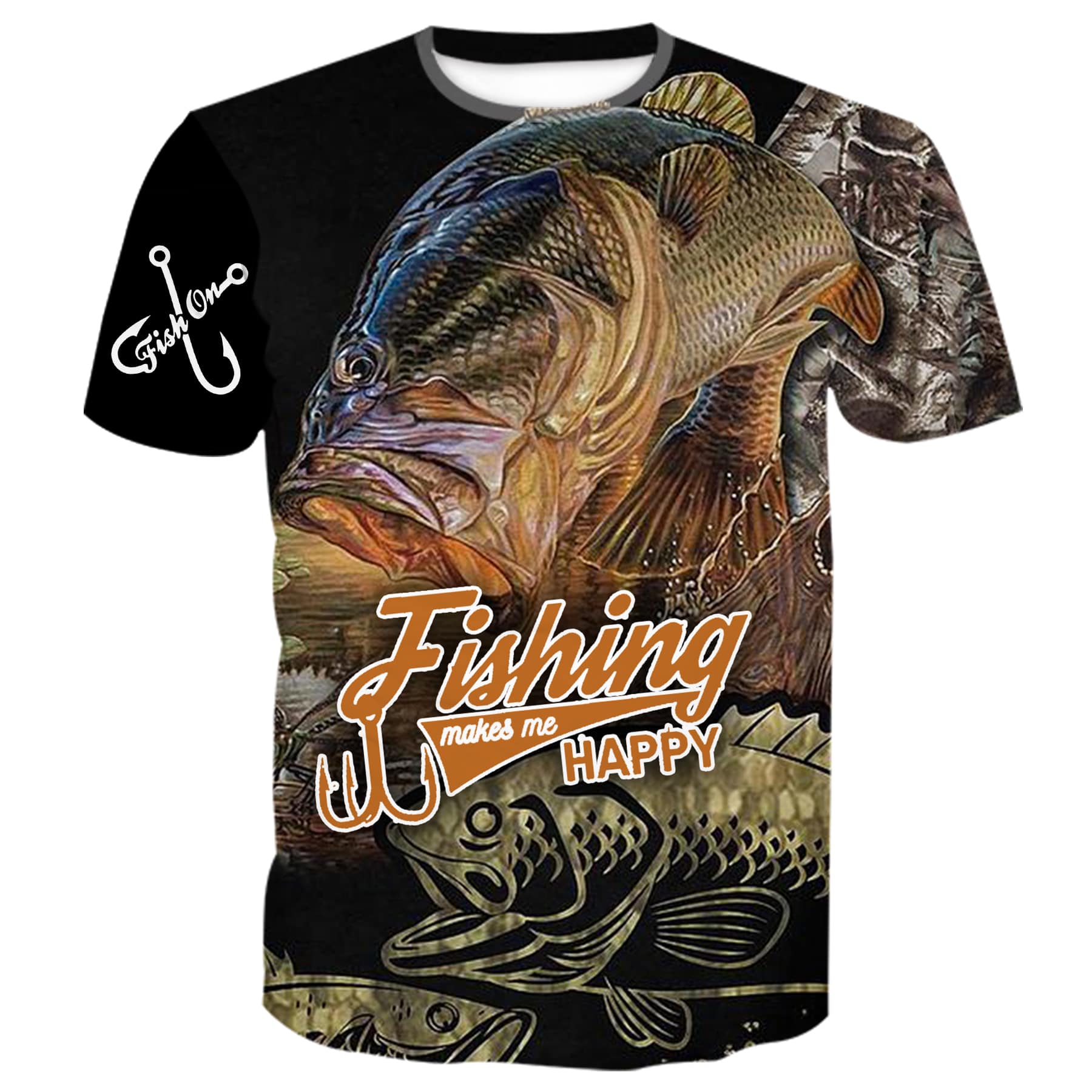 Bass fish design on a vibrant tshirt with text " Bass fishing makes me Happy"