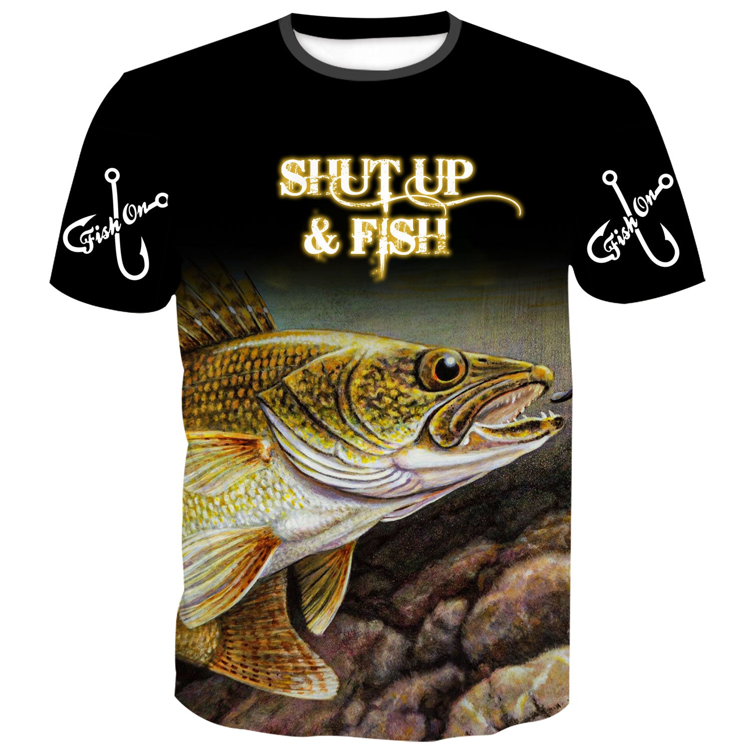 Fishing Jumping Walleye Adult Short Sleeve T-Shirt-Forest Green-XXXL