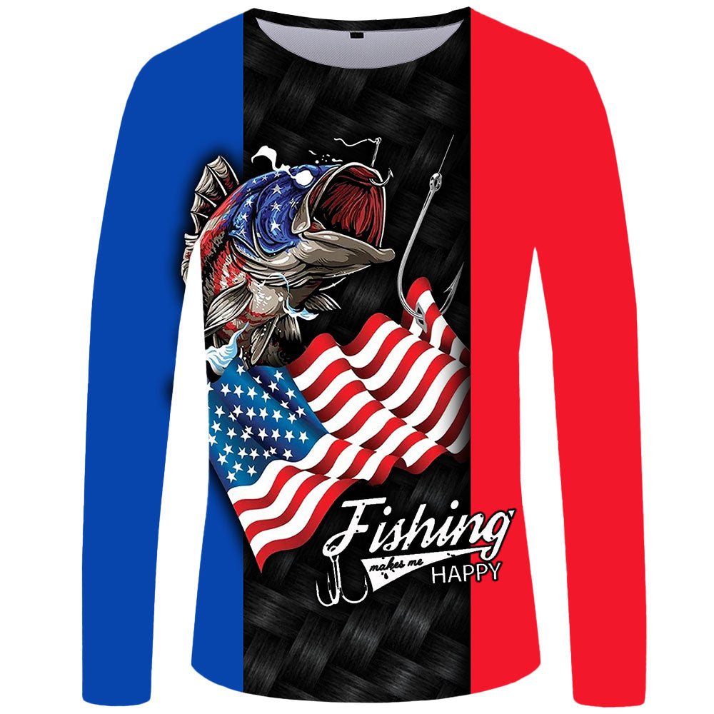Fishing makes me Happy - USA Flag UPF 50+ Long Sleeve Shirt