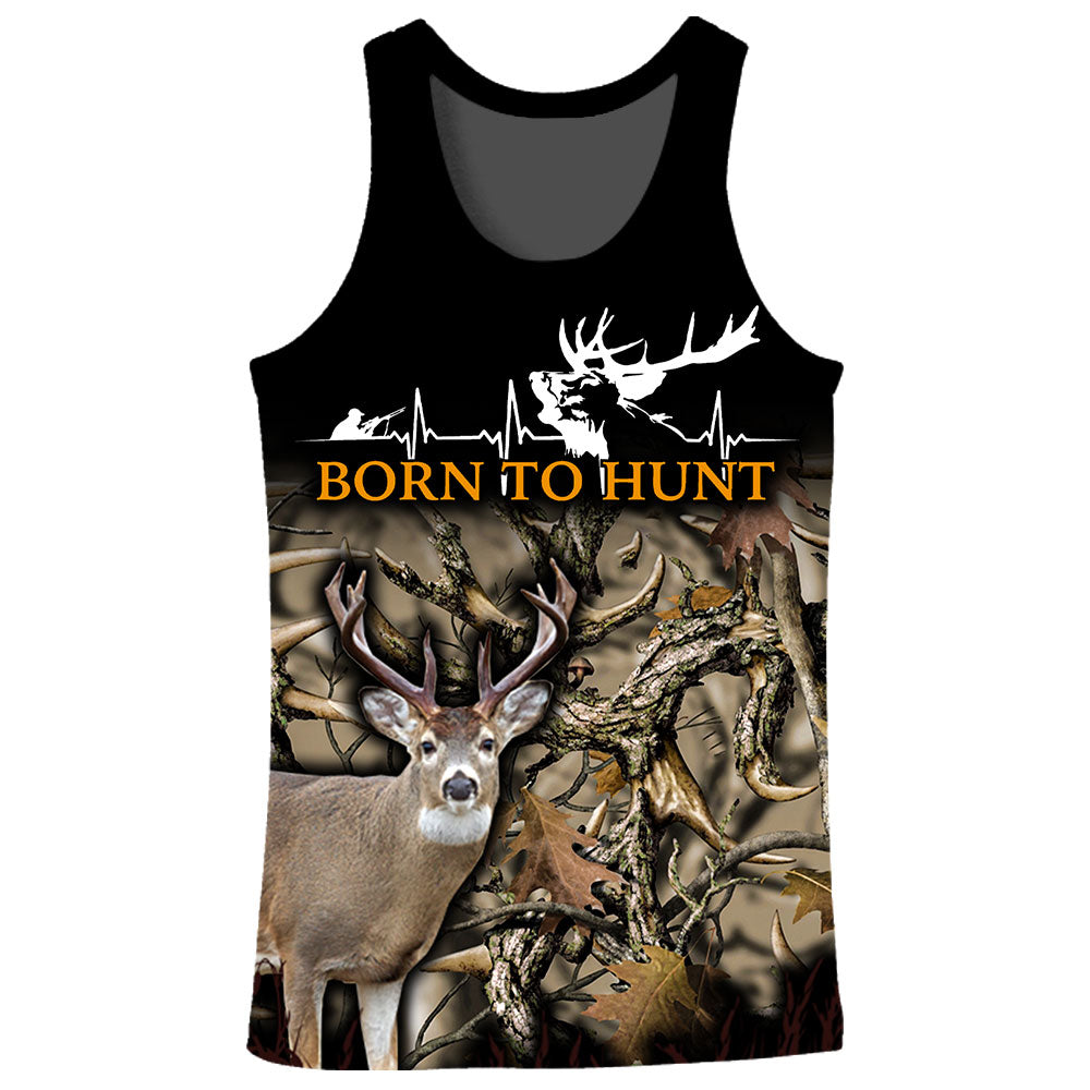 A black tank top with an all-over print of a deer and a heartbeat, along with the text "BORN TO HUNT" printed across the chest in white letters.