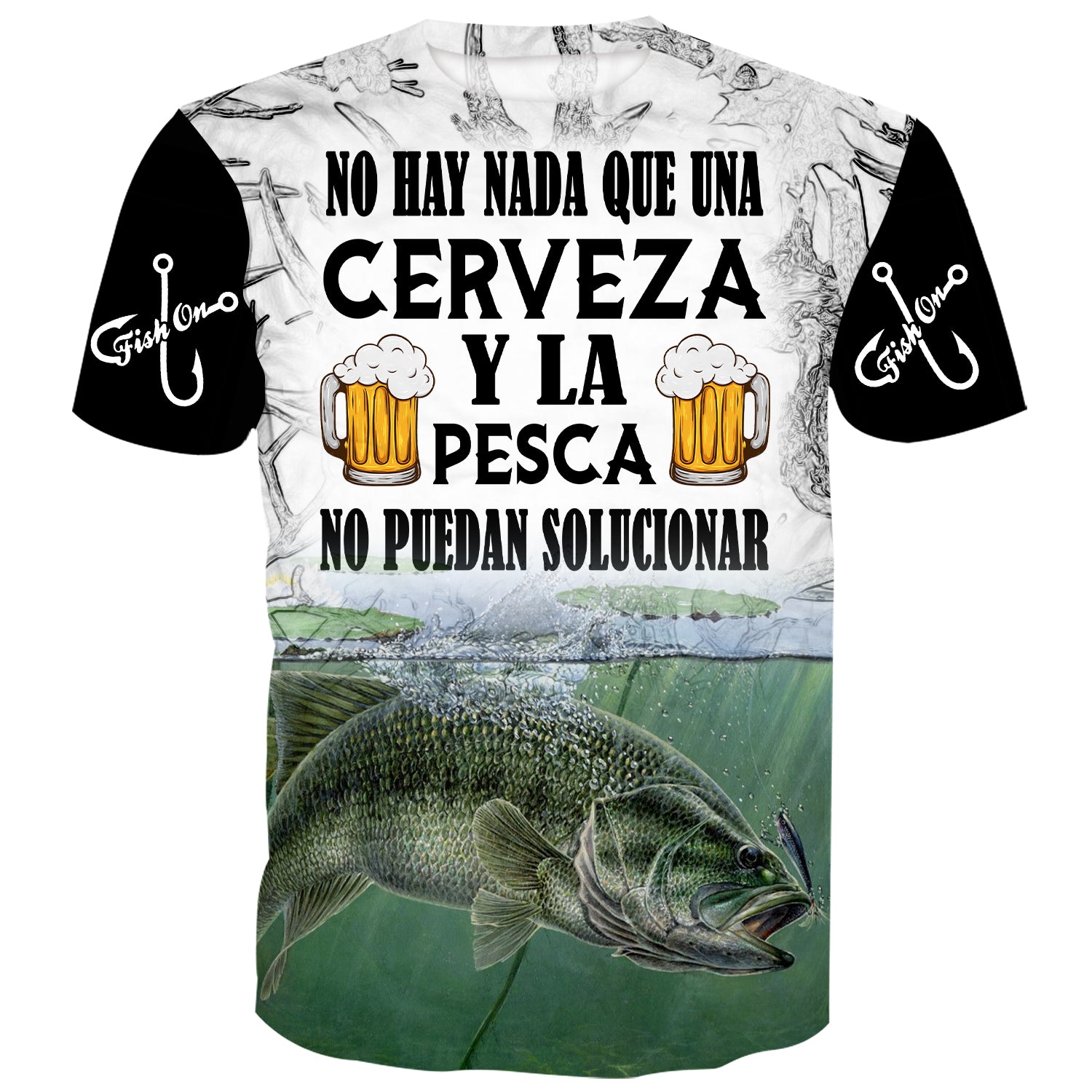 Imagen de un pez bass con la frase "No hay nada que la cerveza y la pesca no puedan arreglar", una frase popular entre los pescadores