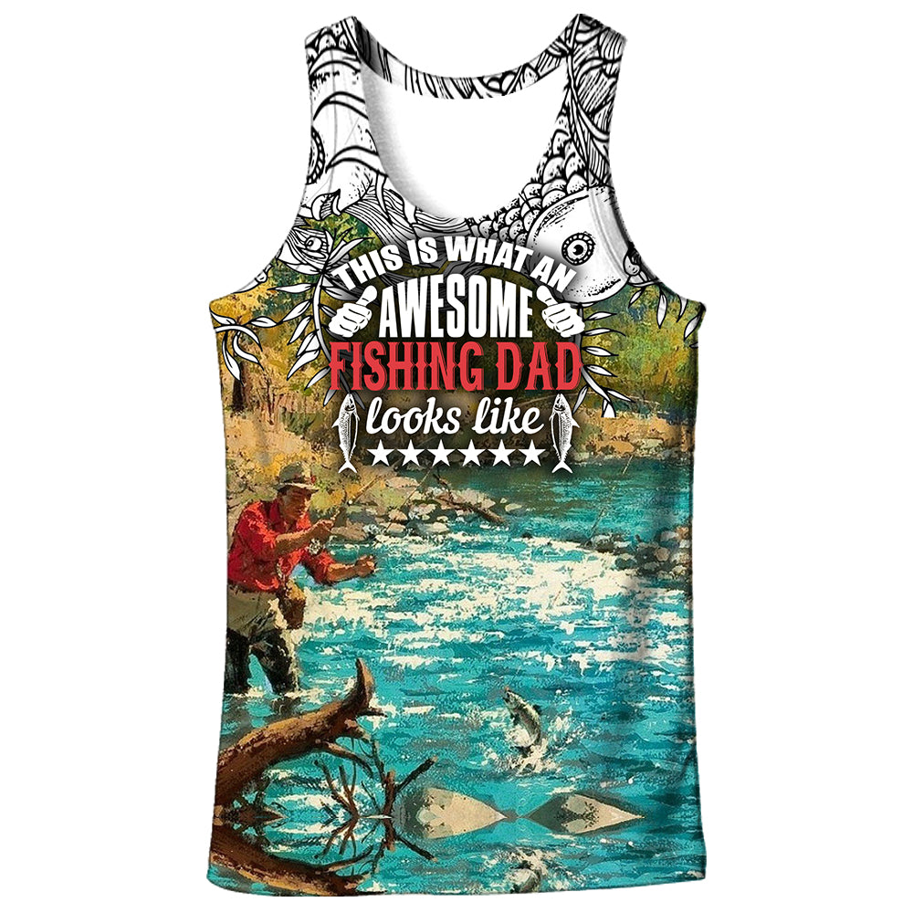 Image of a man wearing a tank top with the words "This Is What Awesome Fishing Dads Look Like" printed on it.