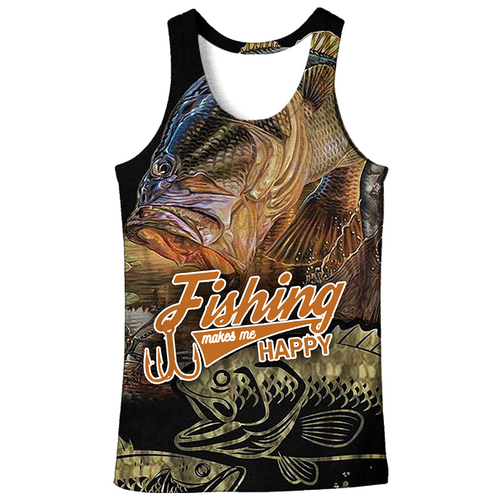 fishing tank top with a smiling fish and the text “Fishing makes me happy” on it