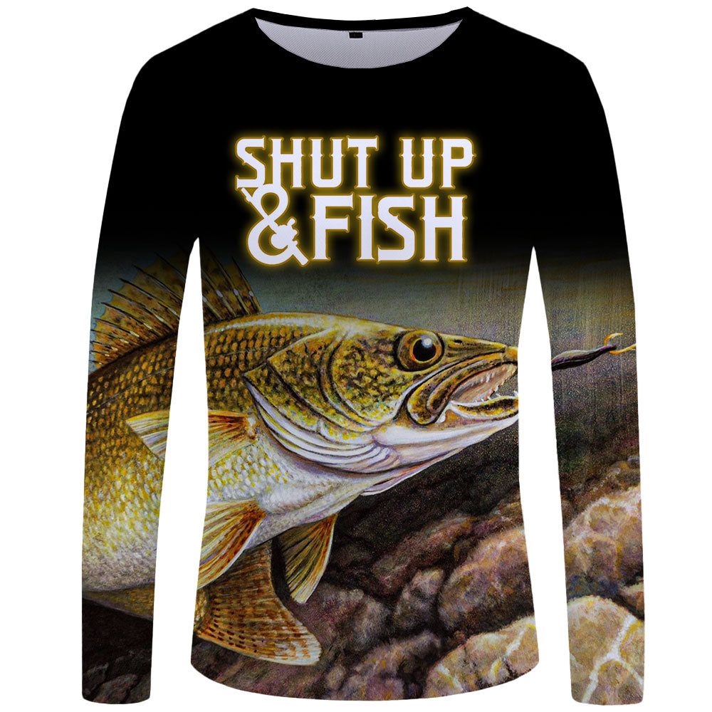 Funny long sleeve fishing shirt with the phrase "shut up and fish"