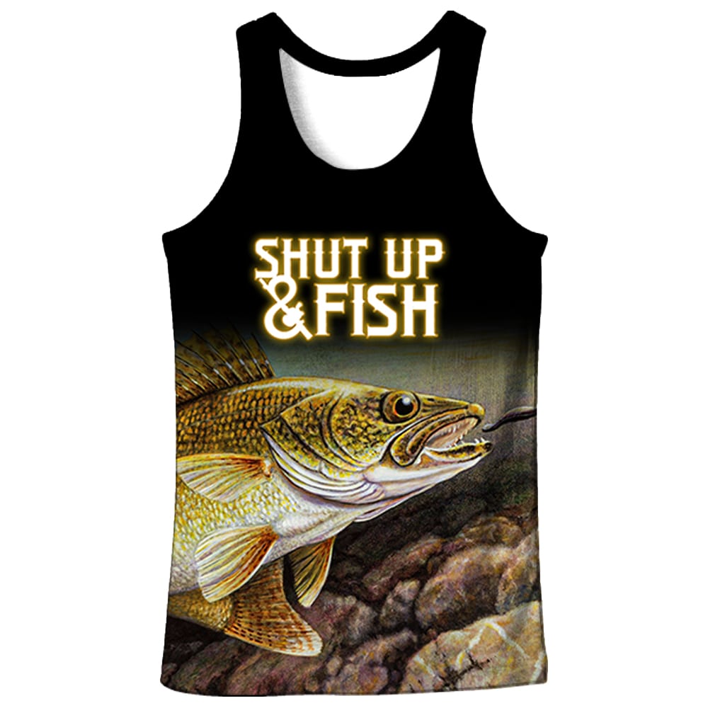 A colorful picture of fish with text "Shut Up & Fish"